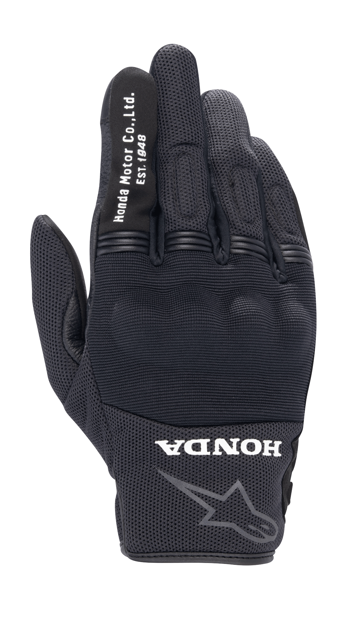 Alpinestars Honda Copper handschoen, zwarte urban motorhandschoen, gestructureerde mesh constructie, witte 'Honda Motor Co. Ltd. Est. 1948' tekst op de wijsvinger, 'HONDA' logo en Alpinestars ster-omtrek op de pols, harde knokkelbescherming, lichtgewicht uitrusting voor rijden op de weg