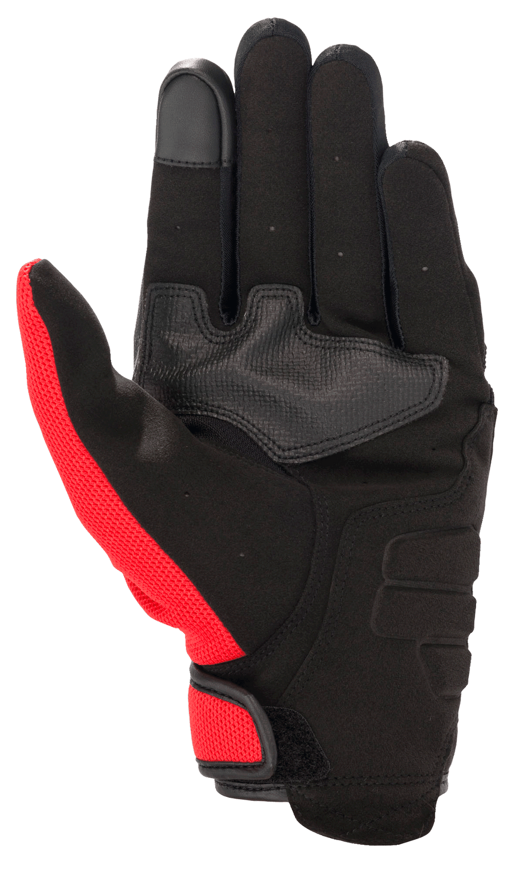Alpinestars Honda Copper handschoen, stedelijke motorhandschoen, zwart met felrode accenten, zicht op de handpalm met synthetisch suède materiaal, versterkte handpalm, touchscreen-compatibele vingertop en klittenbandsluiting.