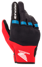 Alpinestars Honda Copper handschoen, motorhandschoen, zwart en felrood met blauwe accenten, Honda-vleugellogo op de handrug, Alpinestars-logo op de wijsvinger, mesh-constructie met accordeon-details op de vingers, korte manchet in urban stijl