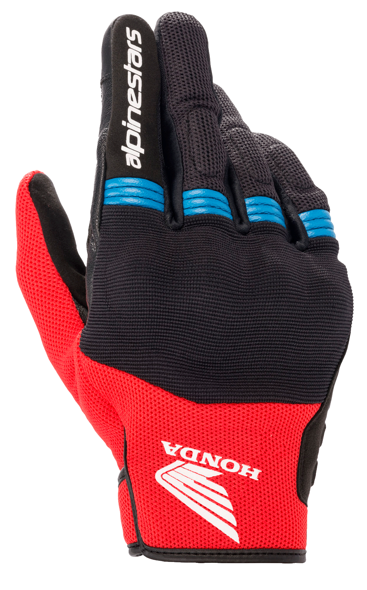 Alpinestars Honda Copper handschoen, motorhandschoen, zwart en felrood met blauwe accenten, Honda-vleugellogo op de handrug, Alpinestars-logo op de wijsvinger, mesh-constructie met accordeon-details op de vingers, korte manchet in urban stijl