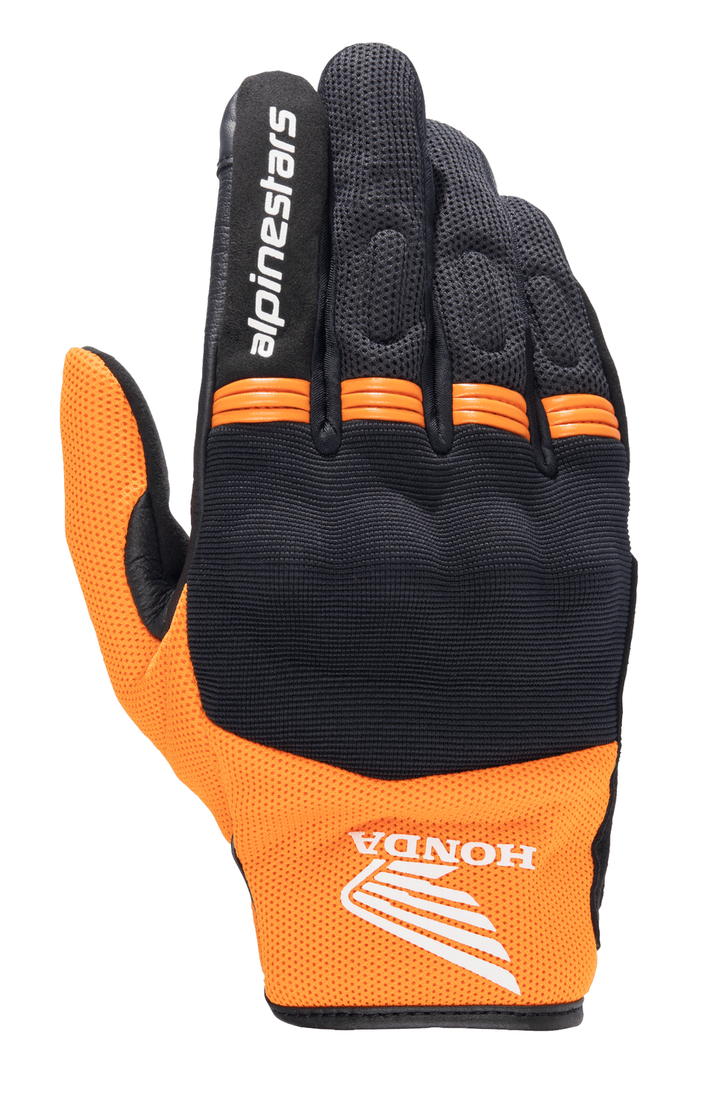 Alpinestars Honda Copper motorhandschoen, lichte stedelijke handschoen, zwart en oranje, met Honda wing-logo op de pols, Alpinestars-tekst op de wijsvinger, mesh-constructie en oranje accordeonpanelen op de knokkels.