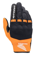 Alpinestars Honda Copper motorhandschoen, lichte stedelijke handschoen, zwart en oranje, met Honda wing-logo op de pols, Alpinestars-tekst op de wijsvinger, mesh-constructie en oranje accordeonpanelen op de knokkels.