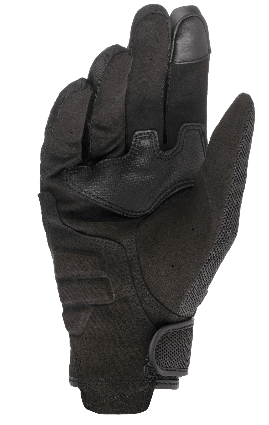 Alpinestars Copper handschoenen, urban motorhandschoenen, zwart, zicht op de handpalm met synthetisch suède materiaal, touchscreen-compatibele vingertop, versterkte handpalmvulling en een veilige klittenbandsluiting bij de pols