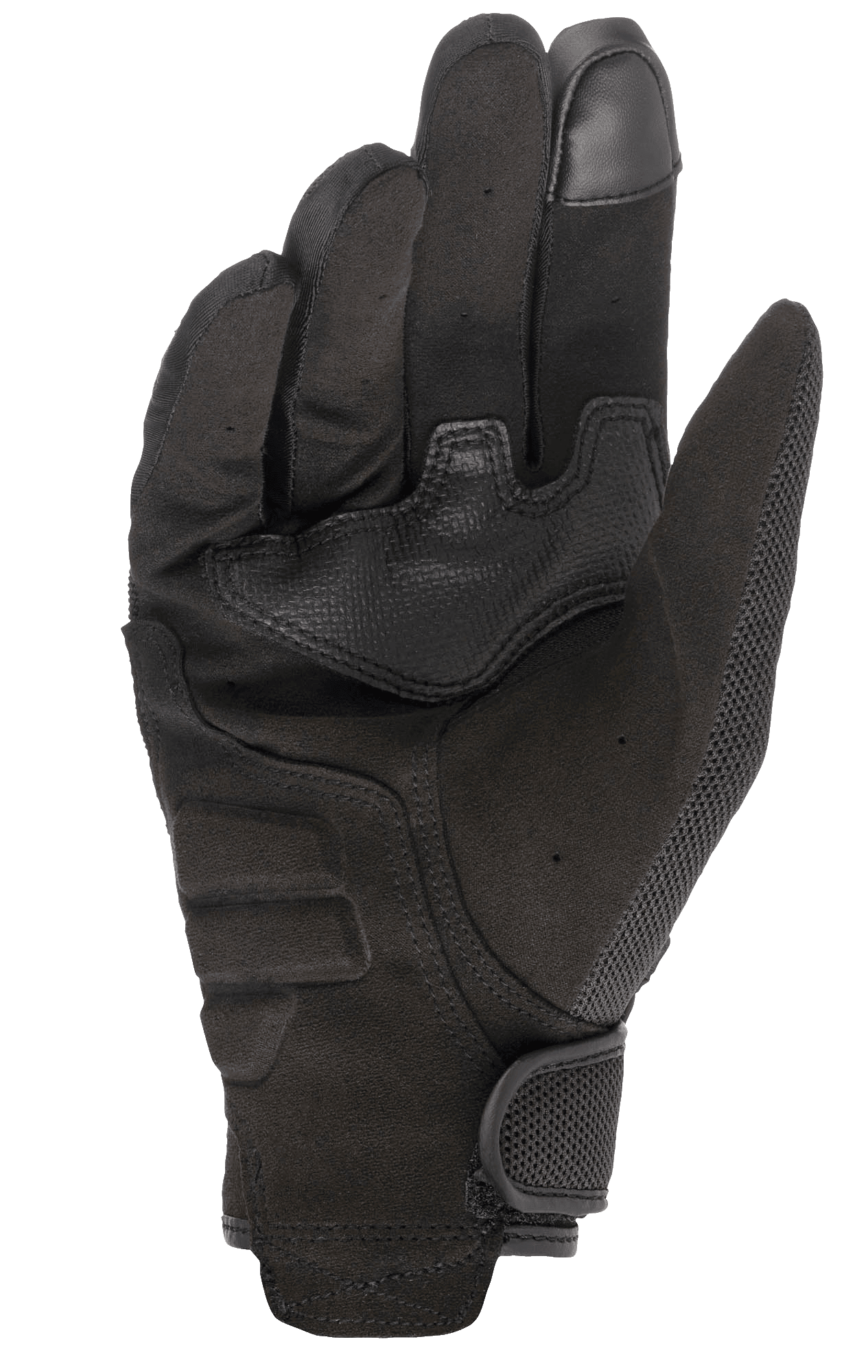 Alpinestars Copper handschoenen, urban motorhandschoenen, zwart, zicht op de handpalm met synthetisch suède materiaal, touchscreen-compatibele vingertop, versterkte handpalmvulling en een veilige klittenbandsluiting bij de pols