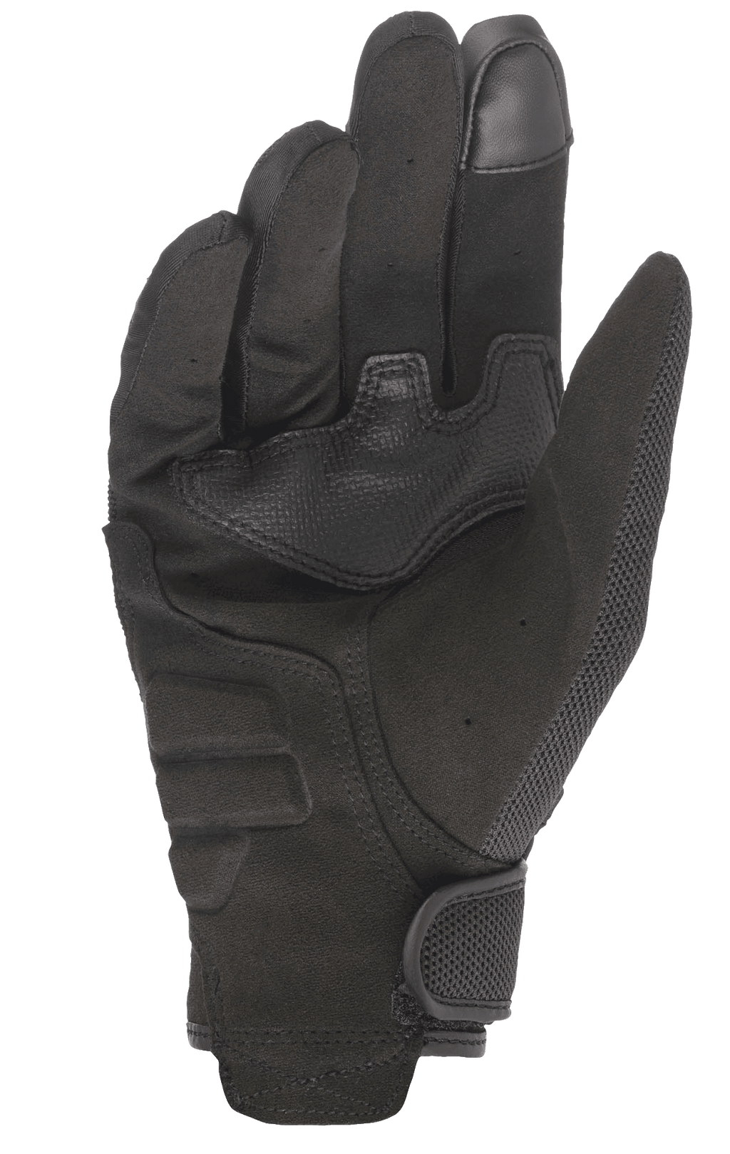 Alpinestars Copper handschoenen, urban motorhandschoenen, zwart, handpalmaanzicht met synthetisch suède constructie, verstevigde polstering op de handpalm, touchscreen-compatibele wijsvinger en mesh-details met een klittenbandsluiting aan de pols.