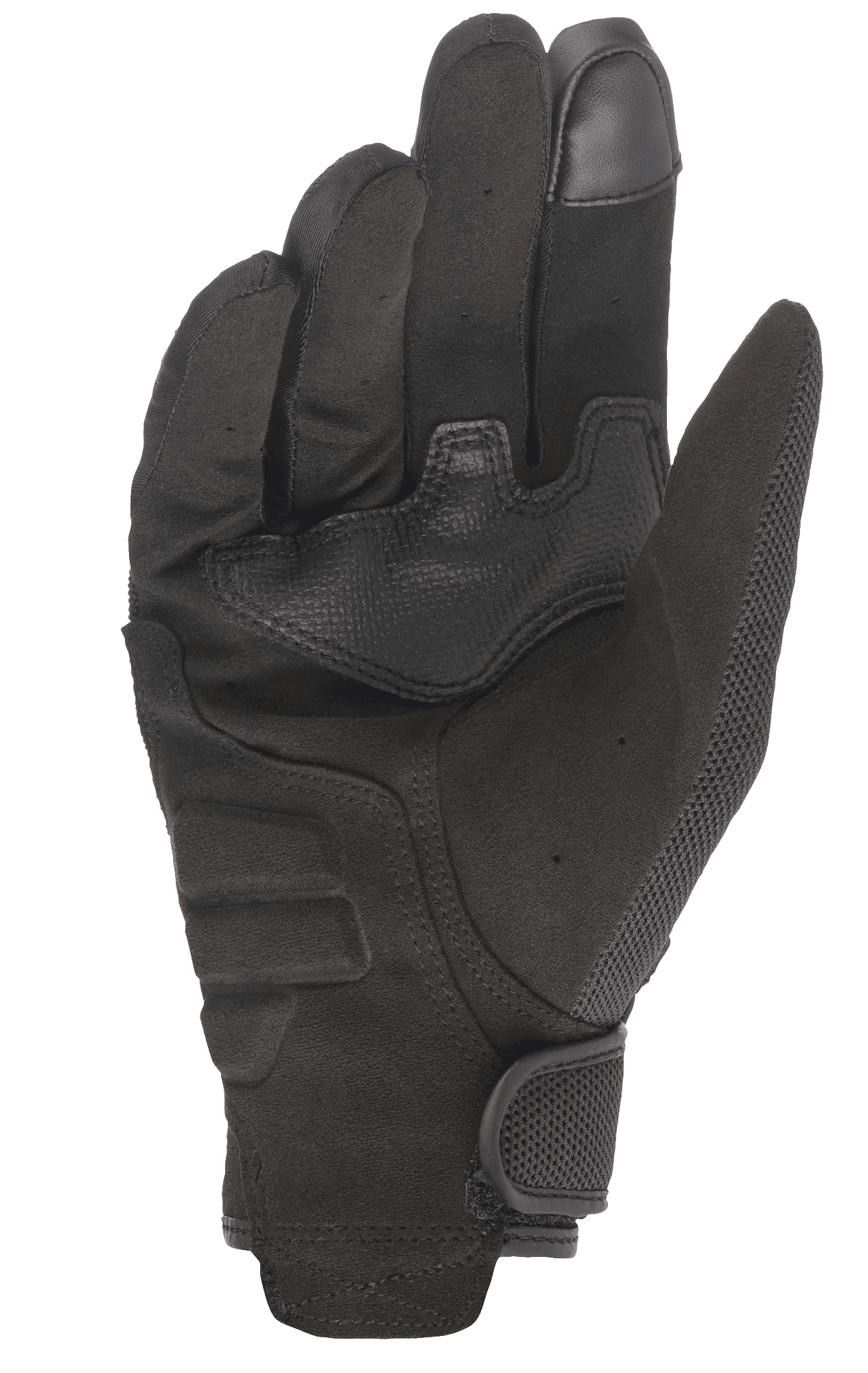 Alpinestars Copper handschoenen, stedelijke motorhandschoenen, zwart, handpalmweergave met synthetisch suède constructie, versterkte gripsecties, touchscreen-compatibele vingertop en verstelbare klittenbandsluiting bij de pols