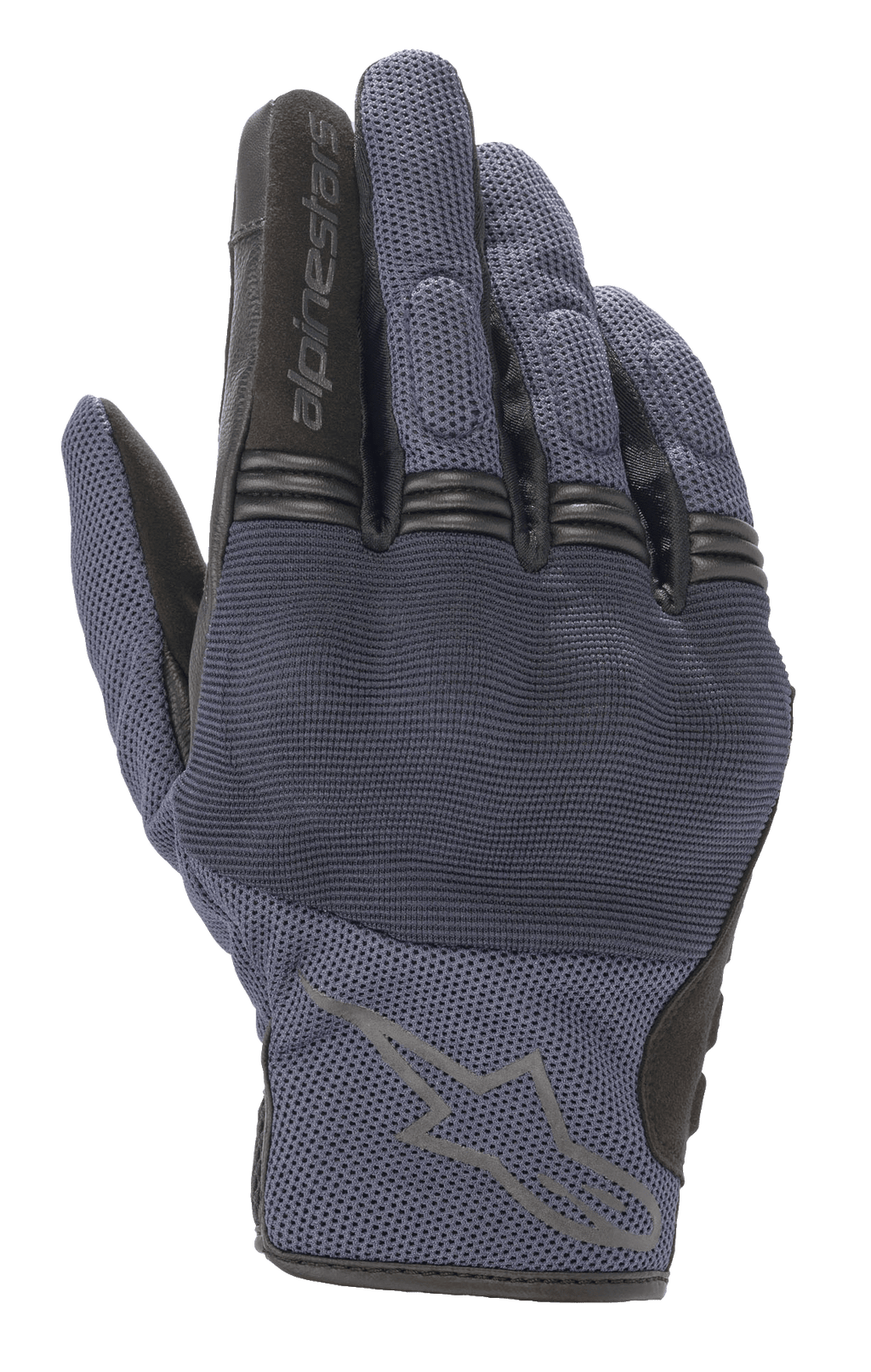 Alpinestars Copper handschoenen, stedelijke motorhandschoenen, Mood Indigo blauw met zwarte accenten, mesh textielconstructie, voorzien van harde knokkelbescherming en accordeon vingergewrichten, Alpinestars-logo op de rug van de hand