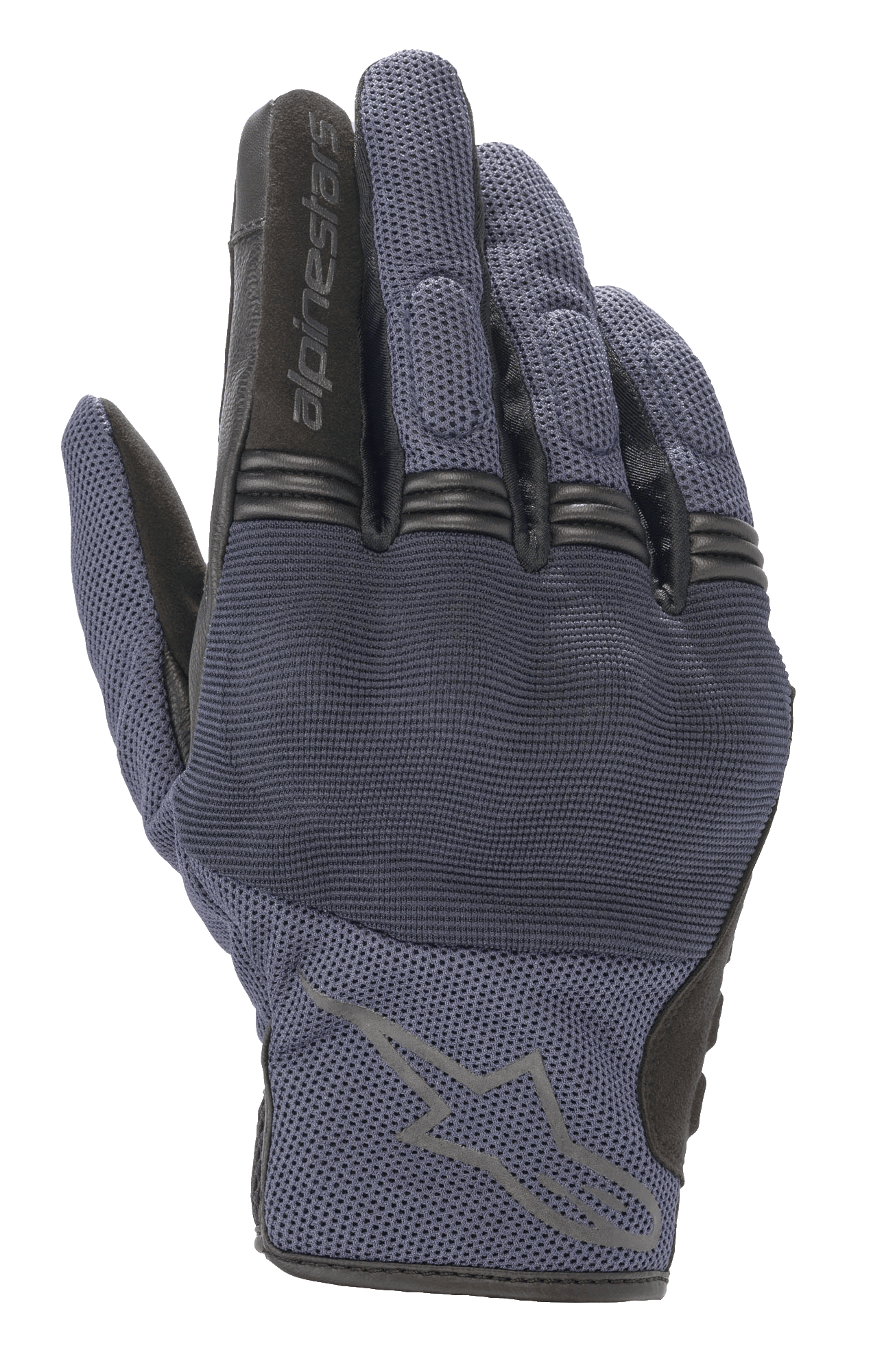 Alpinestars Copper handschoenen, stedelijke motorhandschoenen, Mood Indigo blauw met zwarte accenten, mesh textielconstructie, voorzien van harde knokkelbescherming en accordeon vingergewrichten, Alpinestars-logo op de rug van de hand