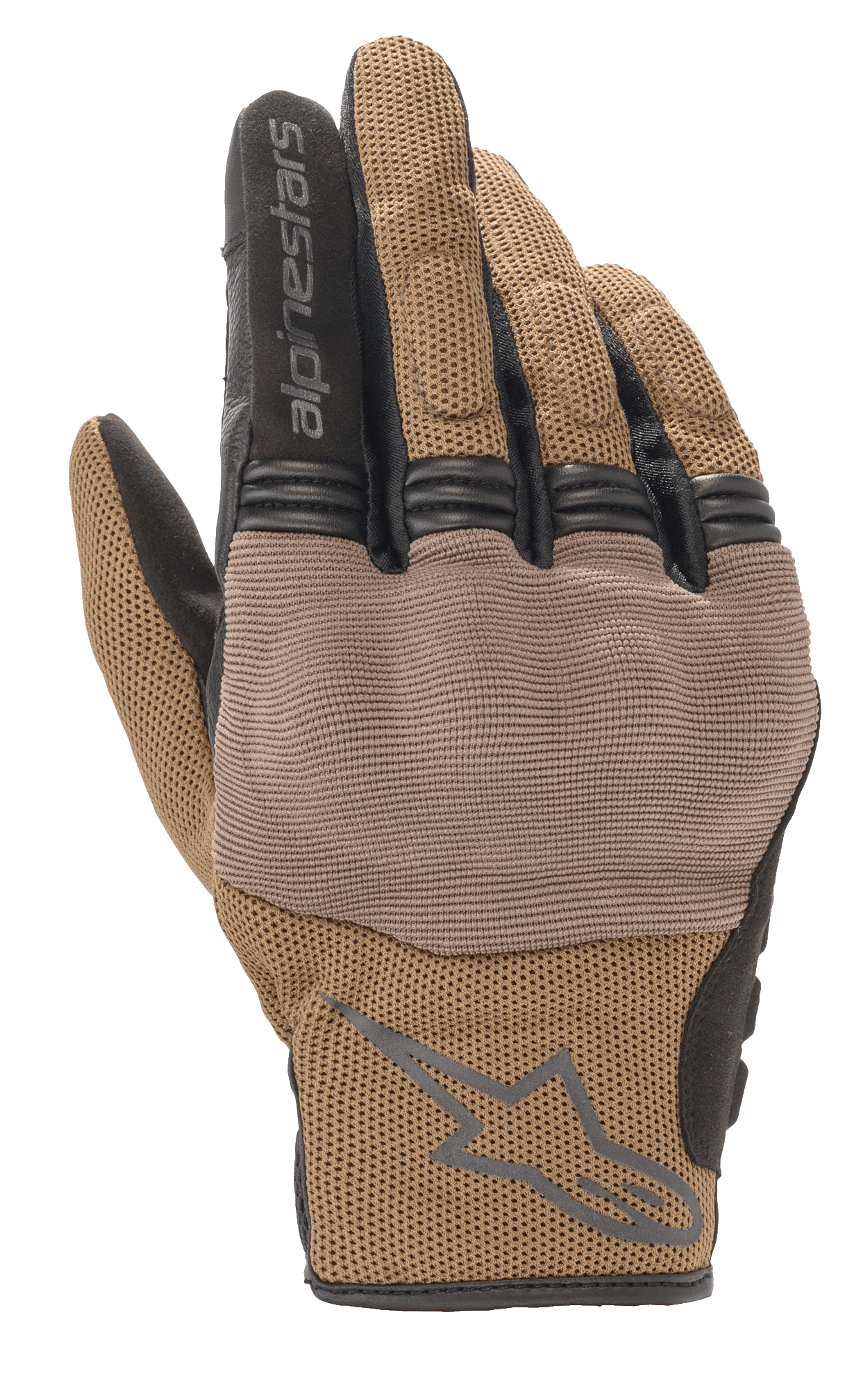 Alpinestars Copper handschoenen, stedelijke motorhandschoenen, Teak bruin en zwart, ademende mesh-constructie, getextureerd paneel over de knokkels, korte manchet met Alpinestars-logo en tekst