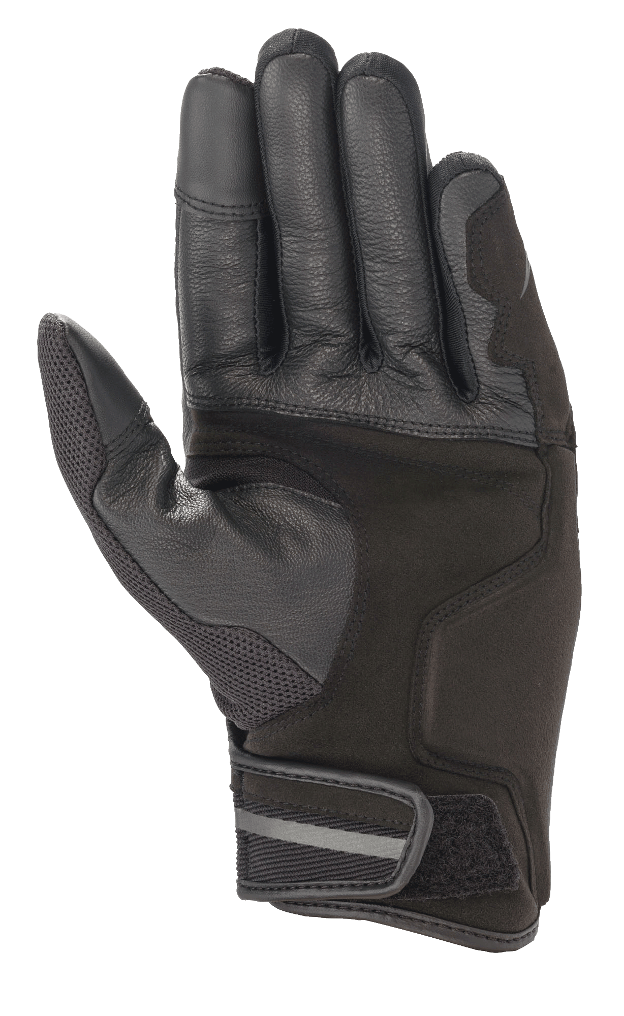 Alpinestars Chrome handschoenen, motorhandschoenen, Black Forest kleurstelling, aanzicht van de handpalm met constructie van versterkt leer en synthetisch suède, mesh paneel op de duim en korte manchet met verstelbare klittenbandsluiting en reflecterend detail.