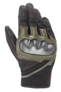 Alpinestars Chrome handschoenen, motorhandschoenen, zwart en bosgroen, voorzien van carbon-look harde knokkelbescherming, olijfgroene leren accenten en een duurzame multi-panel textielconstructie