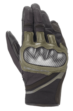 Alpinestars Chrome handschoenen, motorhandschoenen, zwart en bosgroen, voorzien van carbon-look harde knokkelbescherming, olijfgroene leren accenten en een duurzame multi-panel textielconstructie