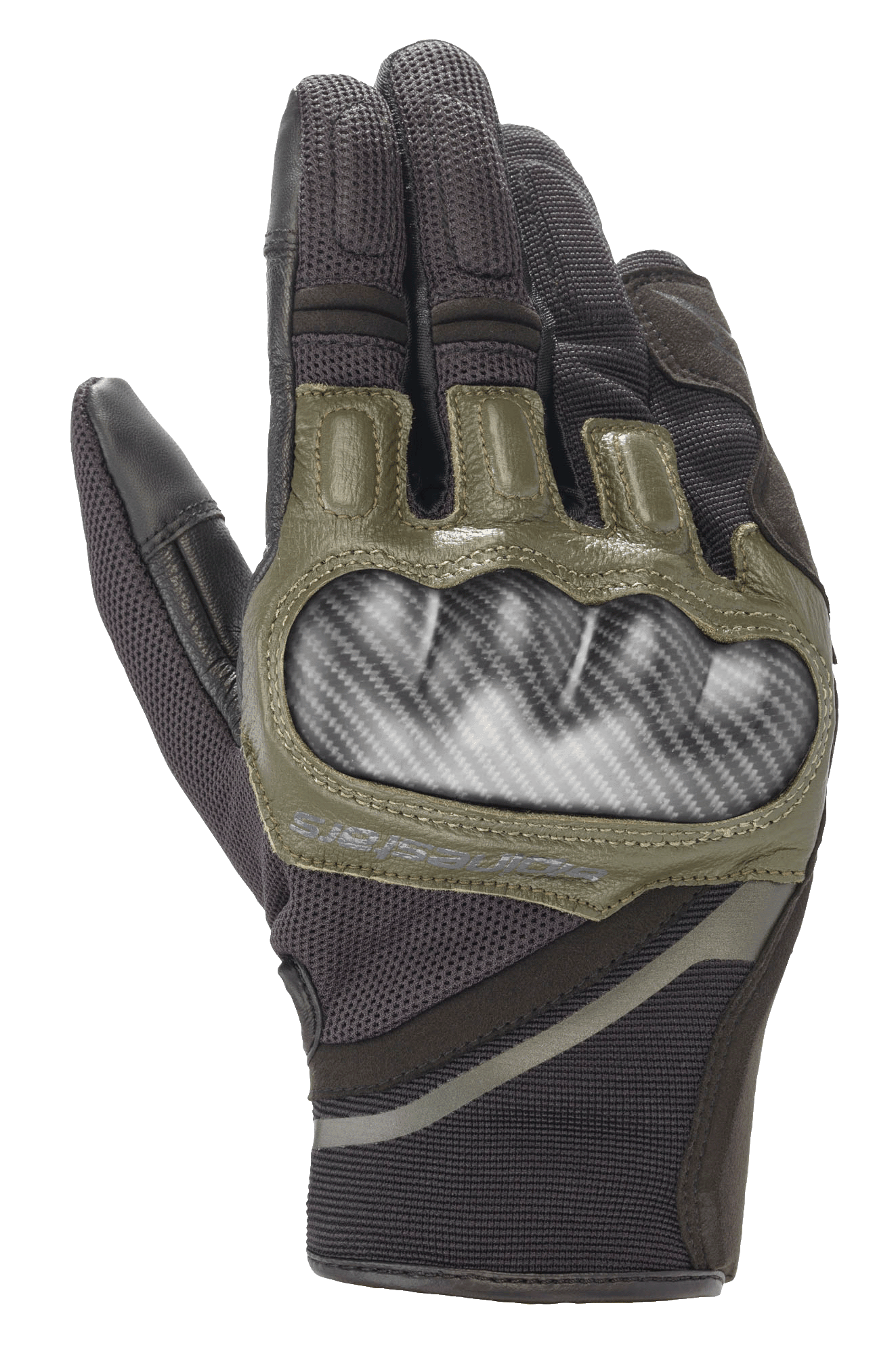Alpinestars Chrome handschoenen, motorhandschoenen, zwart en bosgroen, voorzien van carbon-look harde knokkelbescherming, olijfgroene leren accenten en een duurzame multi-panel textielconstructie
