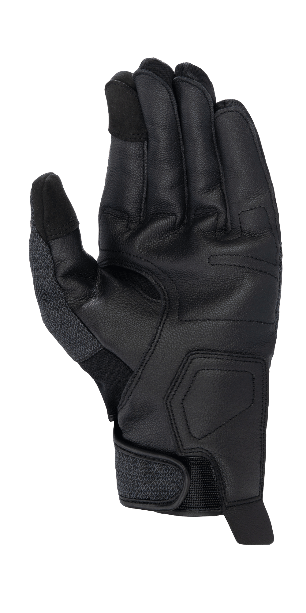 Alpinestars Morph Street Handschoenen, zwart, handpalmweergave van motorhandschoen met korte manchet, getextureerde lederen handpalm, touchscreen-compatibele vingertoppen en verstelbare polssluiting, urban motoruitrusting