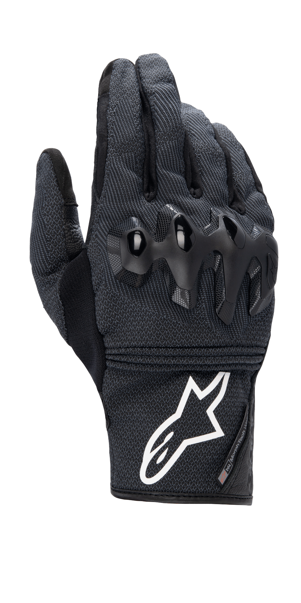Alpinestars Morph Street handschoenen, zwarte motorhandschoenen met korte manchet, getextureerde MorphTech Weave-stof met glanzende zwarte knokkelbescherming, opvallend wit logo op de manchet, motorkleding voor stadsgebruik