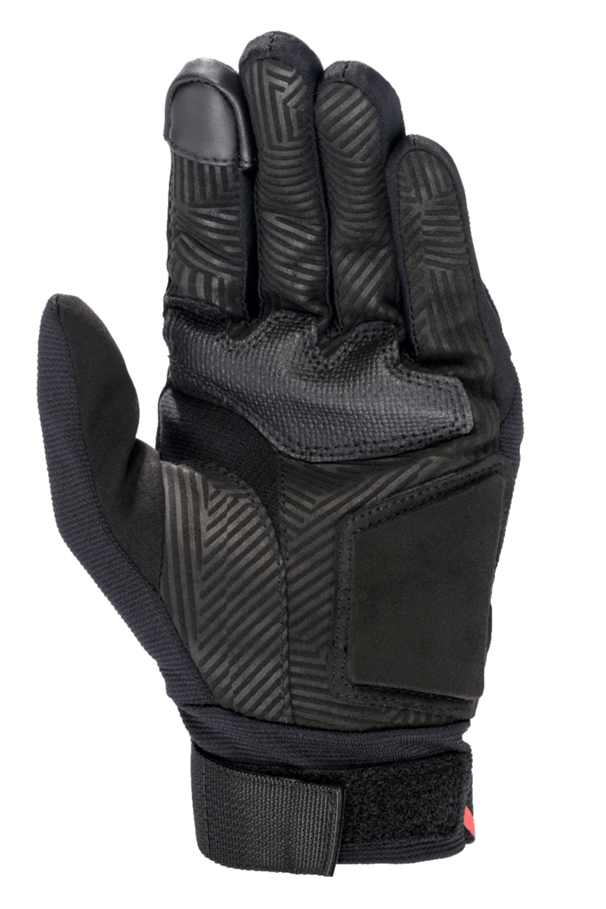 Alpinestars Aragon handschoen, handpalm-aanzicht, zwart, motorhandschoen met synthetische suède handpalm met doolhofpatroon hittestempel, rubberen gripzone, touchscreen-compatibele wijsvinger en verstelbare geweven polsband