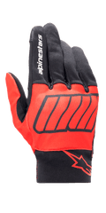 Alpinestars Aragon handschoen, motorhandschoenen, felrood en zwart, Marc Marquez MM93-collectie, met witte Alpinestars-branding op de wijsvinger en een rood sterlogo op de pols, getextureerde stretchstof met diagonale graphics, urban riding-ontwerp