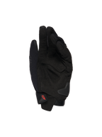 Alpinestars SP X 1 Handschoenen, zwarte motorhandschoenen, weergave van de handpalm met synthetisch lederen overlays, versterkte impactzones, TPR palm slider, korte manchetsluiting met rood logo, sportieve rijbescherming