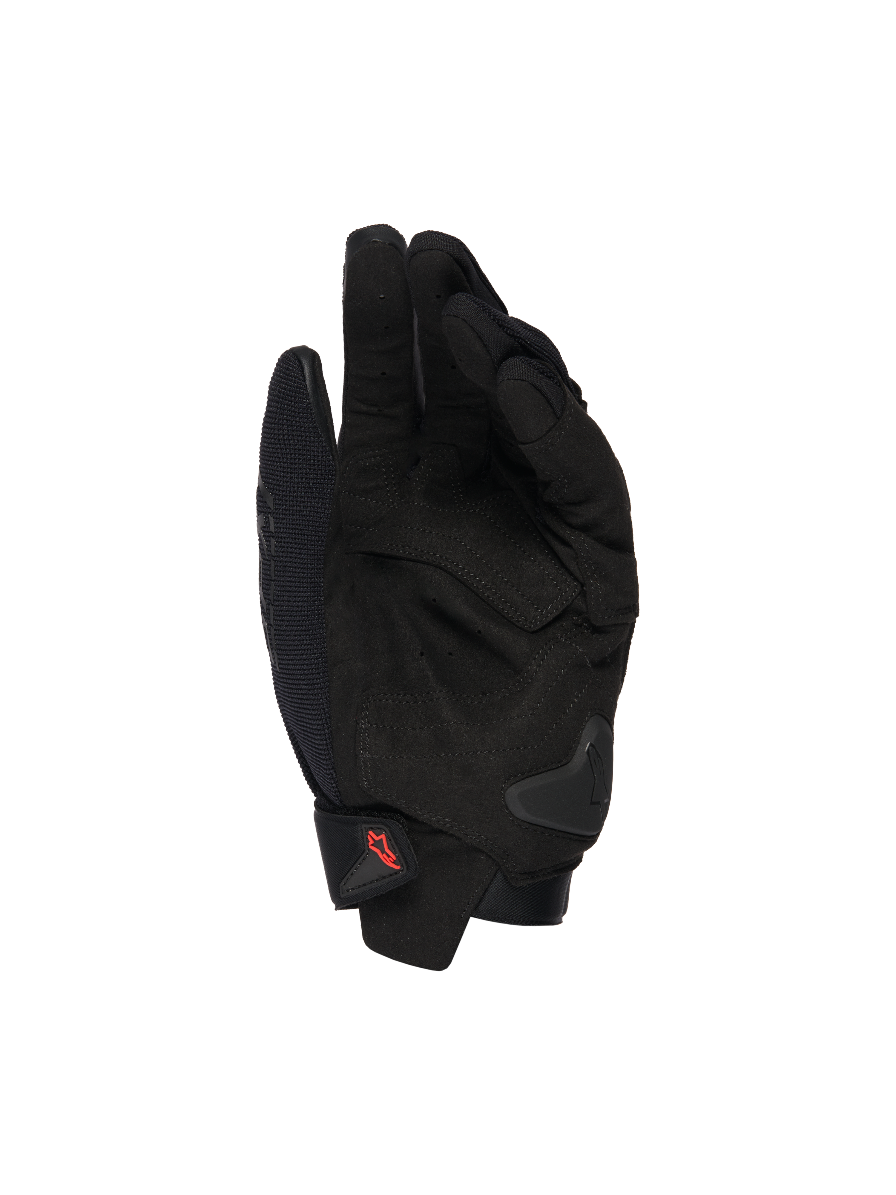 Alpinestars SP X 1 Handschoenen, zwarte motorhandschoenen, weergave van de handpalm met synthetisch lederen overlays, versterkte impactzones, TPR palm slider, korte manchetsluiting met rood logo, sportieve rijbescherming