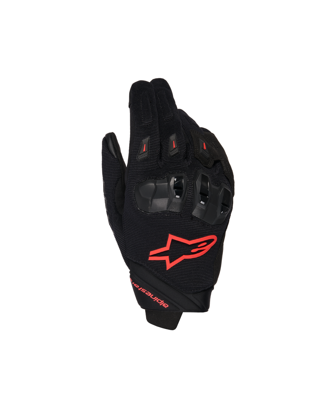 Alpinestars SP X 1 handschoenen, motorrace-handschoenen, zwart en fluo rood, met een rood logo op de bovenkant, ergonomische zwarte knokkelbeschermers, mesh textielconstructie en een strak ontwerp met korte manchetten voor sportief rijden