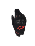 Alpinestars SP X 1 handschoenen, motorrace-handschoenen, zwart en fluo rood, met een rood logo op de bovenkant, ergonomische zwarte knokkelbeschermers, mesh textielconstructie en een strak ontwerp met korte manchetten voor sportief rijden