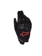 Alpinestars SP X 1 handschoenen, motorrace-handschoenen, zwart en fluo rood, met een rood logo op de bovenkant, ergonomische zwarte knokkelbeschermers, mesh textielconstructie en een strak ontwerp met korte manchetten voor sportief rijden