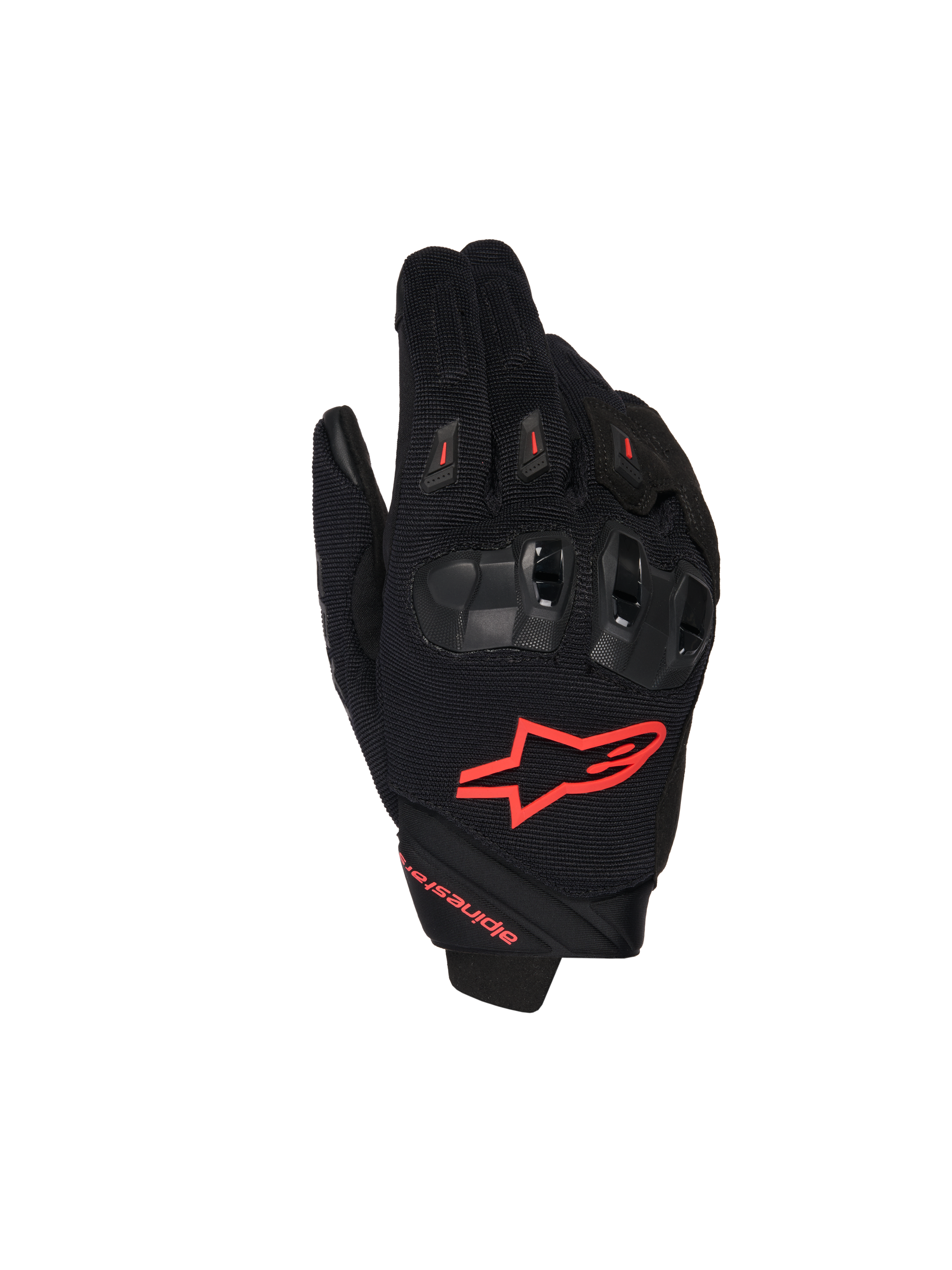 Alpinestars SP X 1 handschoenen, motorrace-handschoenen, zwart en fluo rood, met een rood logo op de bovenkant, ergonomische zwarte knokkelbeschermers, mesh textielconstructie en een strak ontwerp met korte manchetten voor sportief rijden