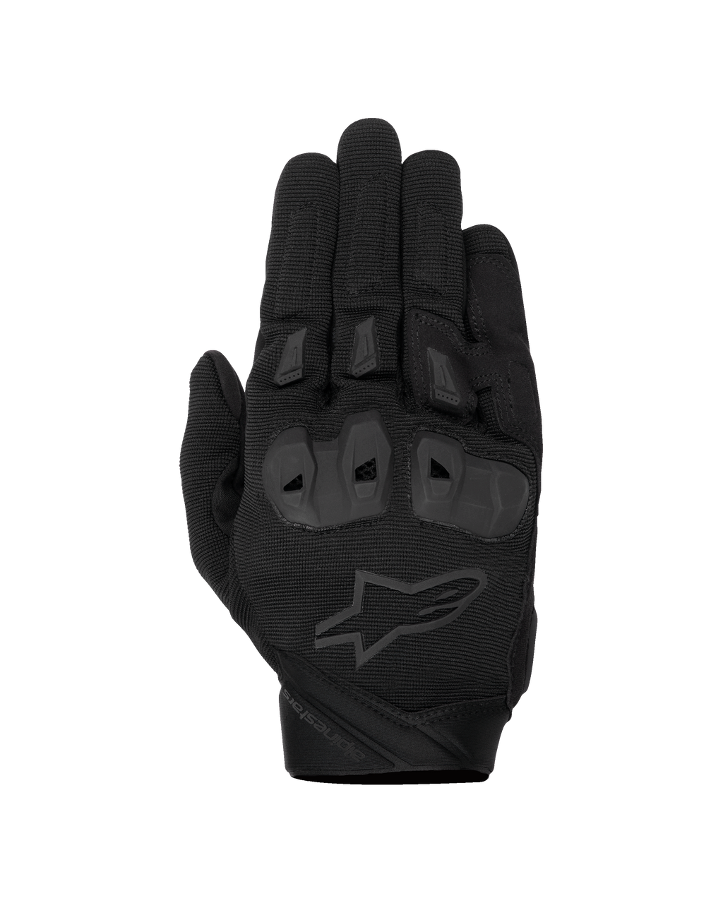 Alpinestars SP X 1 handschoenen, zwarte motorracehandschoenen, bovenkant van getextureerde stretchstof, tonaal zwart sterlogo, geïntegreerde TPR-knokkelbescherming en vinger-sliders, duurzaam sportief rijontwerp