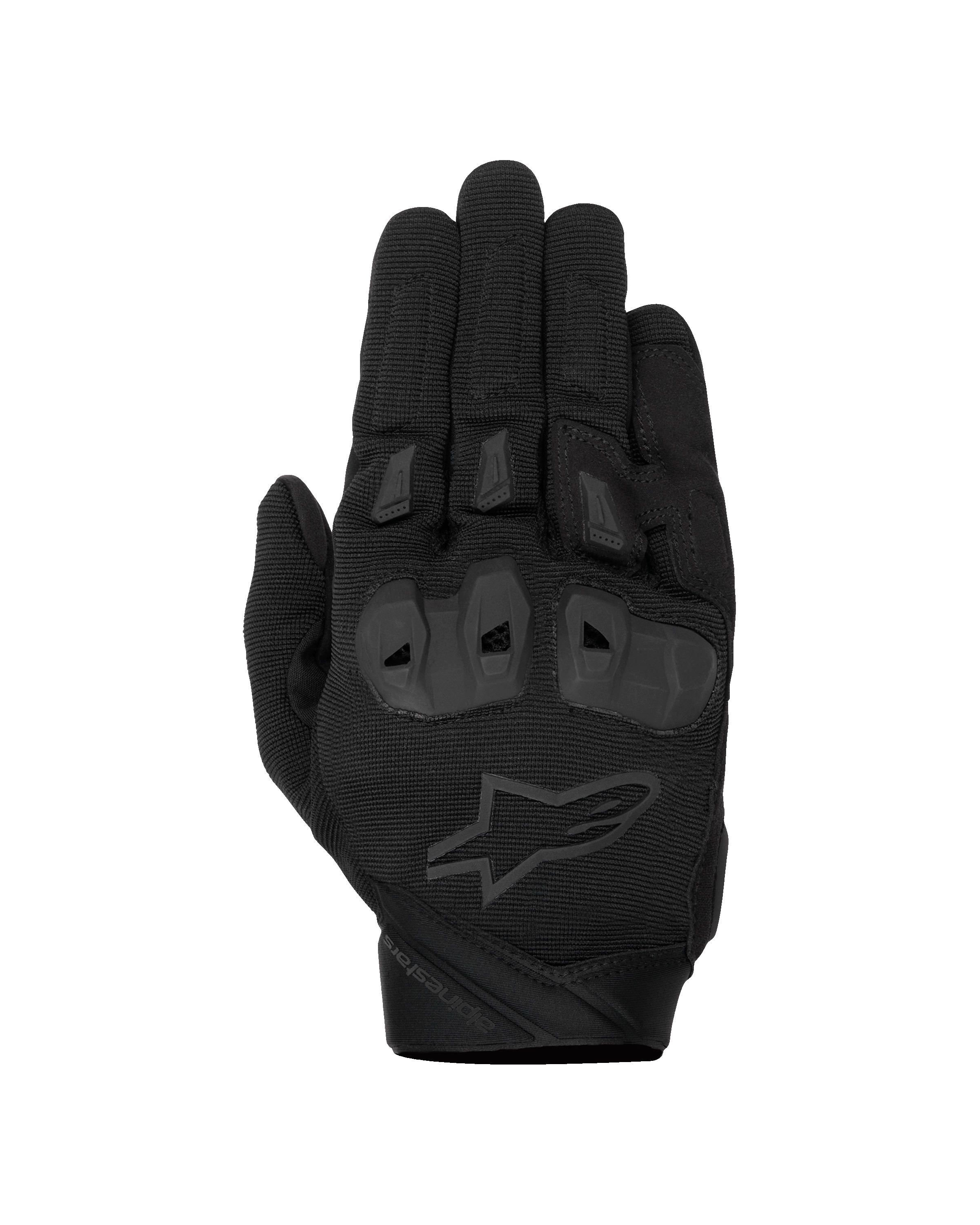 Alpinestars SP X 1 handschoenen, zwarte motorracehandschoenen, bovenkant van getextureerde stretchstof, tonaal zwart sterlogo, geïntegreerde TPR-knokkelbescherming en vinger-sliders, duurzaam sportief rijontwerp