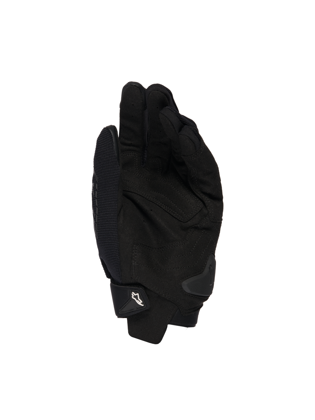 Alpinestars SP X 1 handschoenen, zwart, zicht op de handpalm met synthetisch leer voor grip, TPR palm slider voor impactbescherming, verstelbare manchet met wit Alpinestars logo, sportieve motoruitrusting