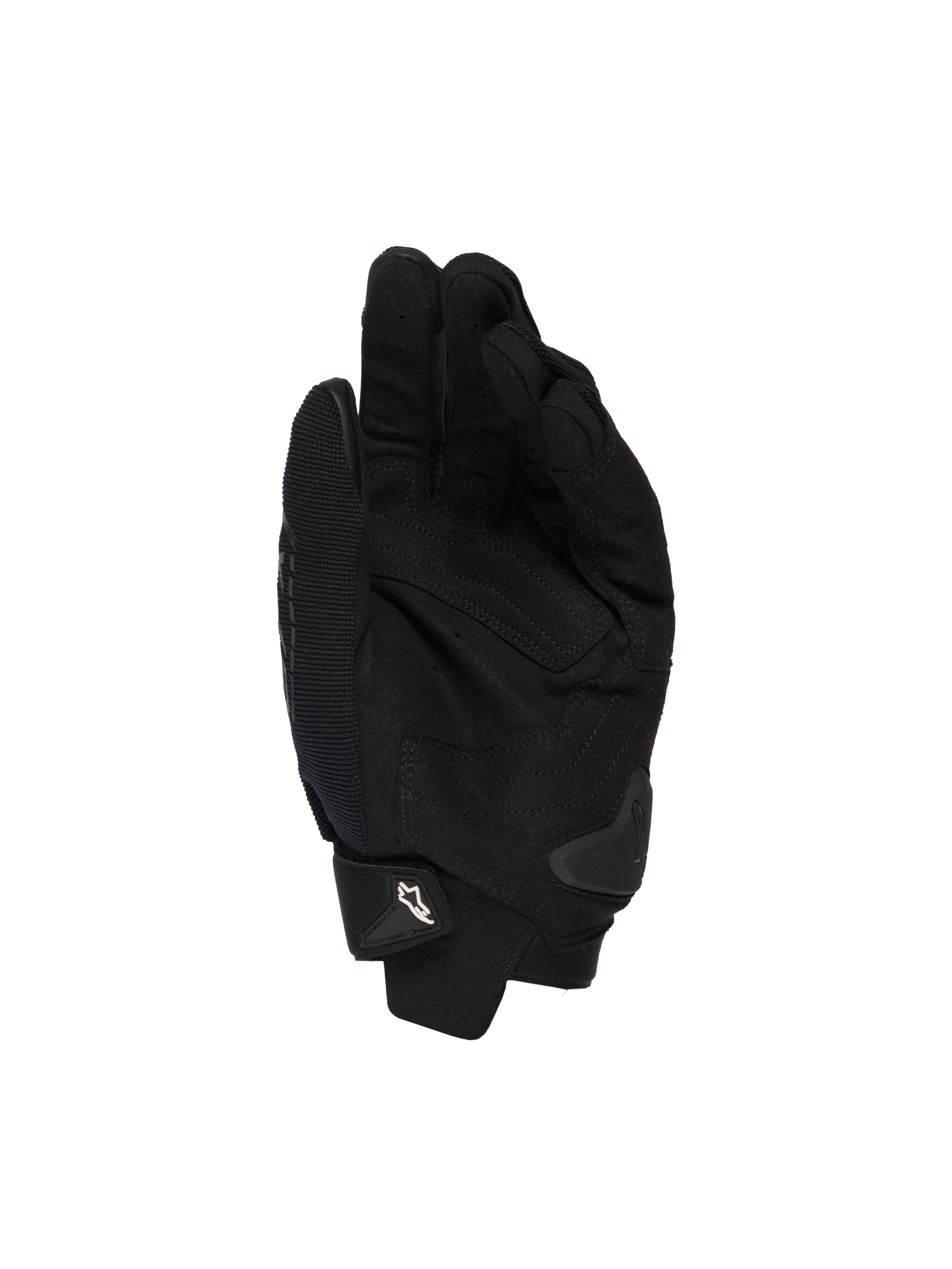 Alpinestars SP X 1 handschoenen, zwart, zicht op de handpalm met synthetisch leer voor grip, TPR palm slider voor impactbescherming, verstelbare manchet met wit Alpinestars logo, sportieve motoruitrusting