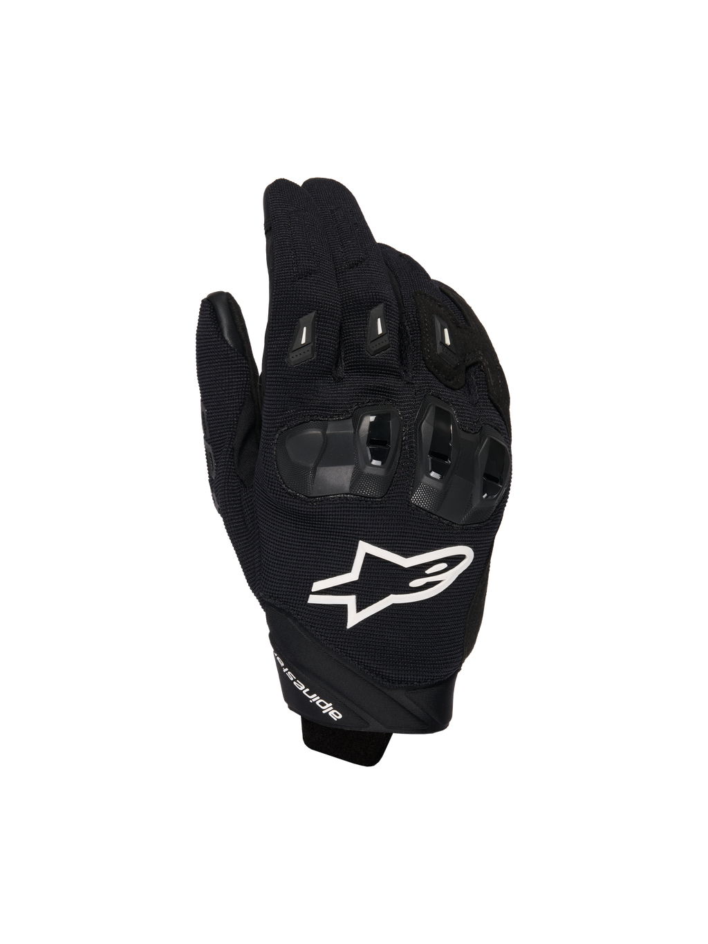 Alpinestars SP X 1 motorhandschoenen, sportieve motorhandschoenen, zwart met wit logo, bovenaanzicht met TPR-knokkelbescherming en geventileerde mesh-stof, beschermende uitrusting voor op de weg en sportief rijden