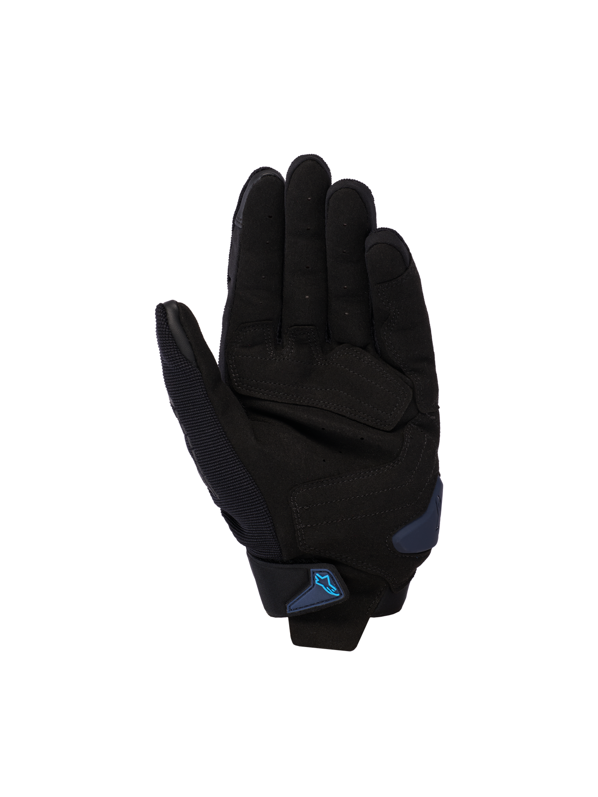 Alpinestars SP X 1 Handschoenen, zwart en Blithe Blue, palmweergave met handpalm van synthetisch leer en versterkte impactzones, blauwe palm slider en polsband met blauw Alpinestars-logo, sportieve motoruitrusting voor op de weg