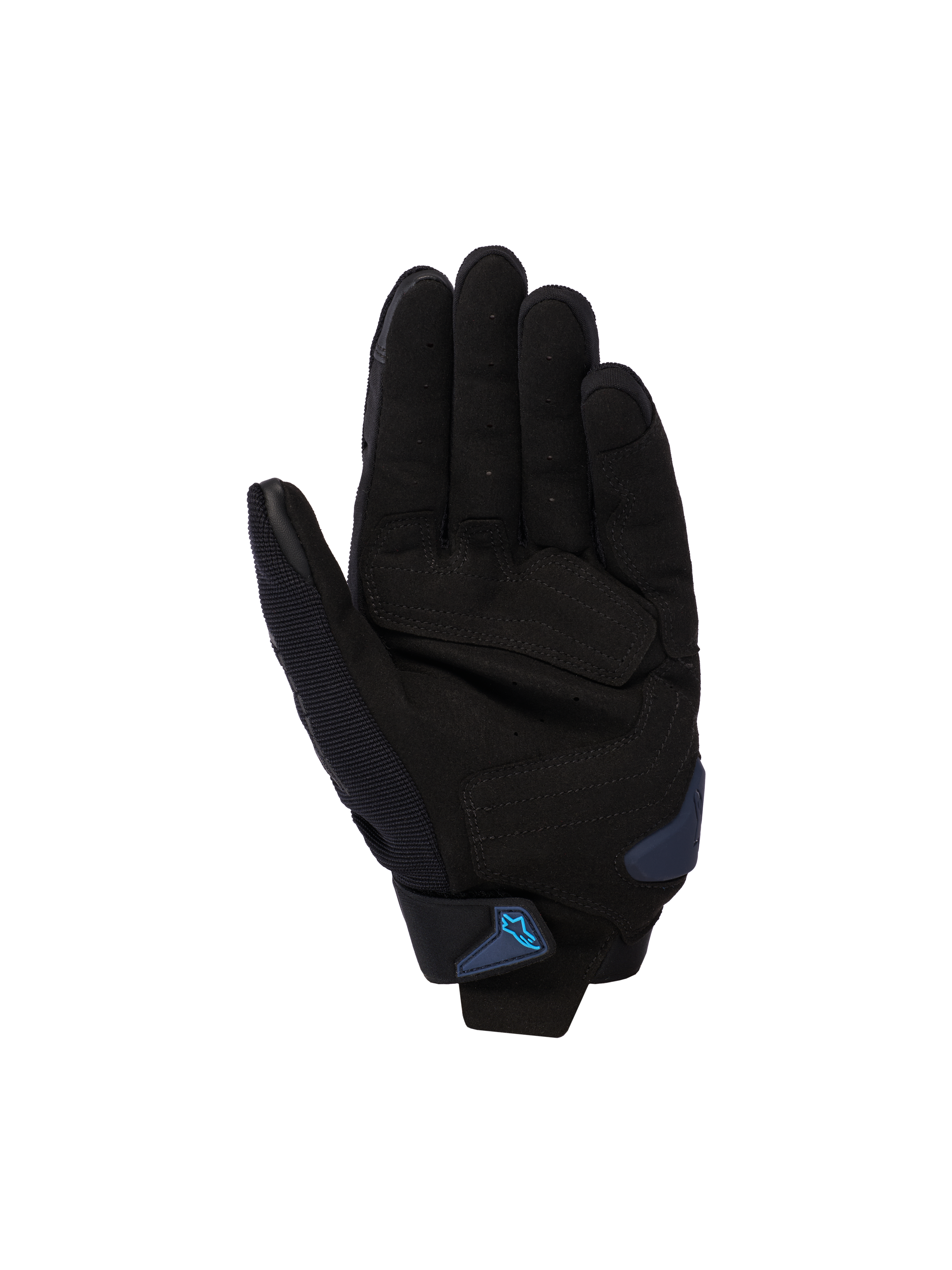 Alpinestars SP X 1 Handschoenen, zwart en Blithe Blue, palmweergave met handpalm van synthetisch leer en versterkte impactzones, blauwe palm slider en polsband met blauw Alpinestars-logo, sportieve motoruitrusting voor op de weg