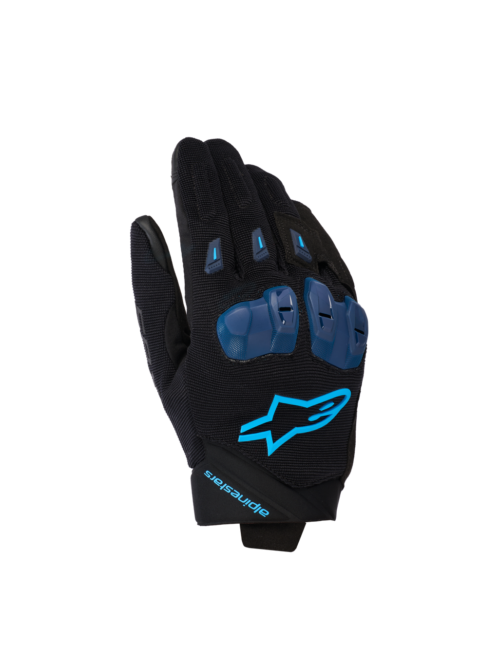 Alpinestars SP X 1 handschoenen, motorracehandschoenen, zwart en Blithe Blue, voorzien van blauwe TPR-knokkelbeschermers, felblauw sterlogo op de rug van de hand, constructie van stretchstof, strak sportief ontwerp met prestatiegerichte details