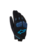 Alpinestars SP X 1 handschoenen, motorracehandschoenen, zwart en Blithe Blue, voorzien van blauwe TPR-knokkelbeschermers, felblauw sterlogo op de rug van de hand, constructie van stretchstof, strak sportief ontwerp met prestatiegerichte details