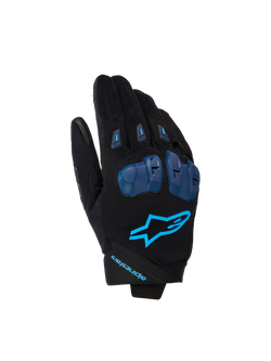Alpinestars SP X 1 handschoenen, motorracehandschoenen, zwart en Blithe Blue, voorzien van blauwe TPR-knokkelbeschermers, felblauw sterlogo op de rug van de hand, constructie van stretchstof, strak sportief ontwerp met prestatiegerichte details