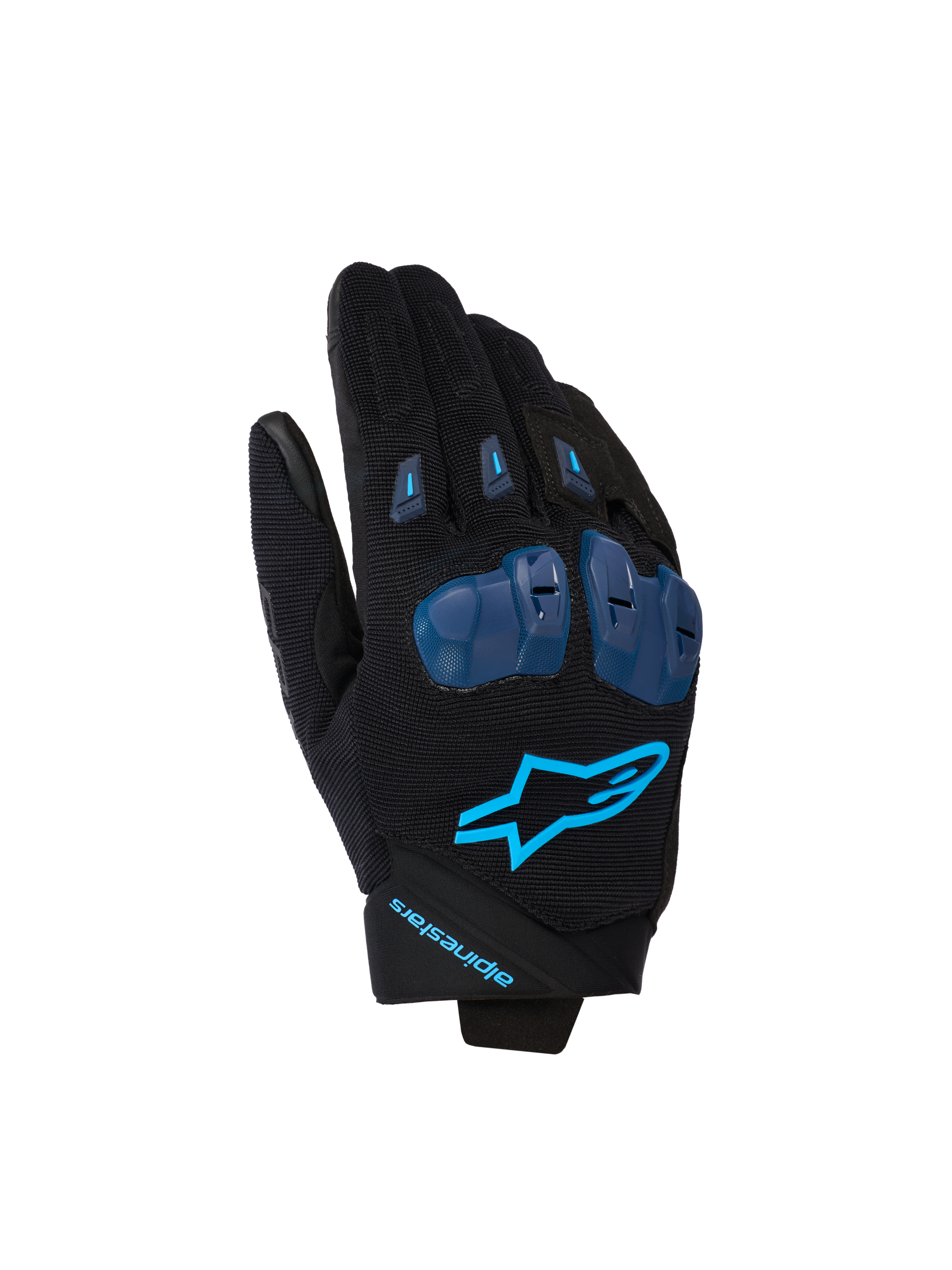 Alpinestars SP X 1 handschoenen, motorracehandschoenen, zwart en Blithe Blue, voorzien van blauwe TPR-knokkelbeschermers, felblauw sterlogo op de rug van de hand, constructie van stretchstof, strak sportief ontwerp met prestatiegerichte details