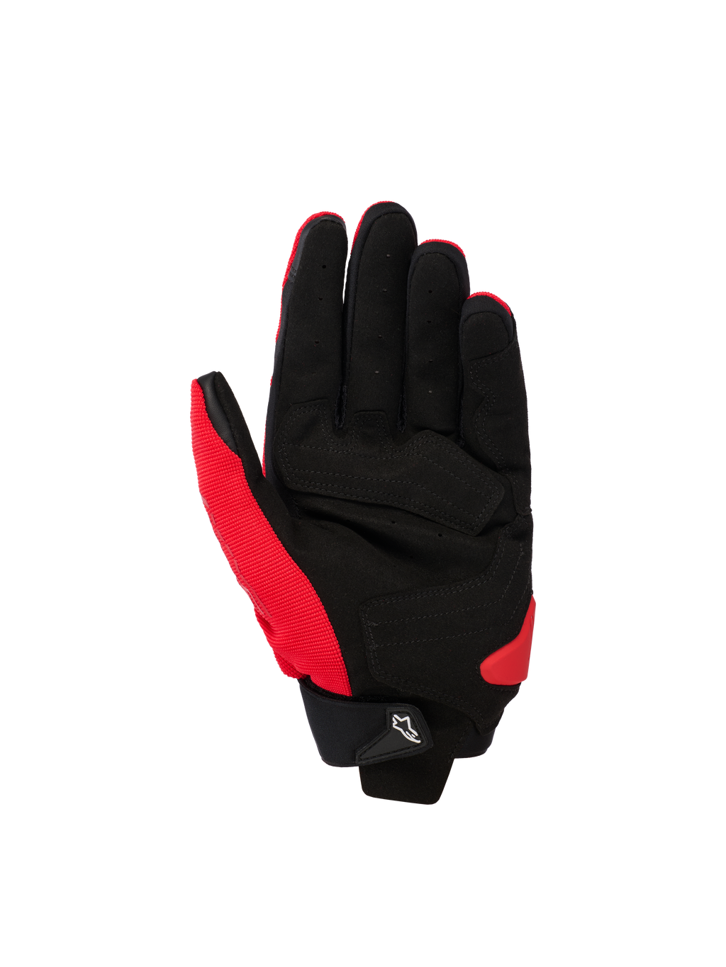 Alpinestars SP X 1 handschoenen, sport motorhandschoenen, helderrood en zwart, handpalmaanzicht met synthetisch lederen handpalm met verstevigde zones, rode stretchstof aan de zijkant en duim, zwarte manchet met klein wit Astars-logo op het treklipje en rode TPR palm slider