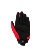 Alpinestars SP X 1 handschoenen, sport motorhandschoenen, helderrood en zwart, handpalmaanzicht met synthetisch lederen handpalm met verstevigde zones, rode stretchstof aan de zijkant en duim, zwarte manchet met klein wit Astars-logo op het treklipje en rode TPR palm slider