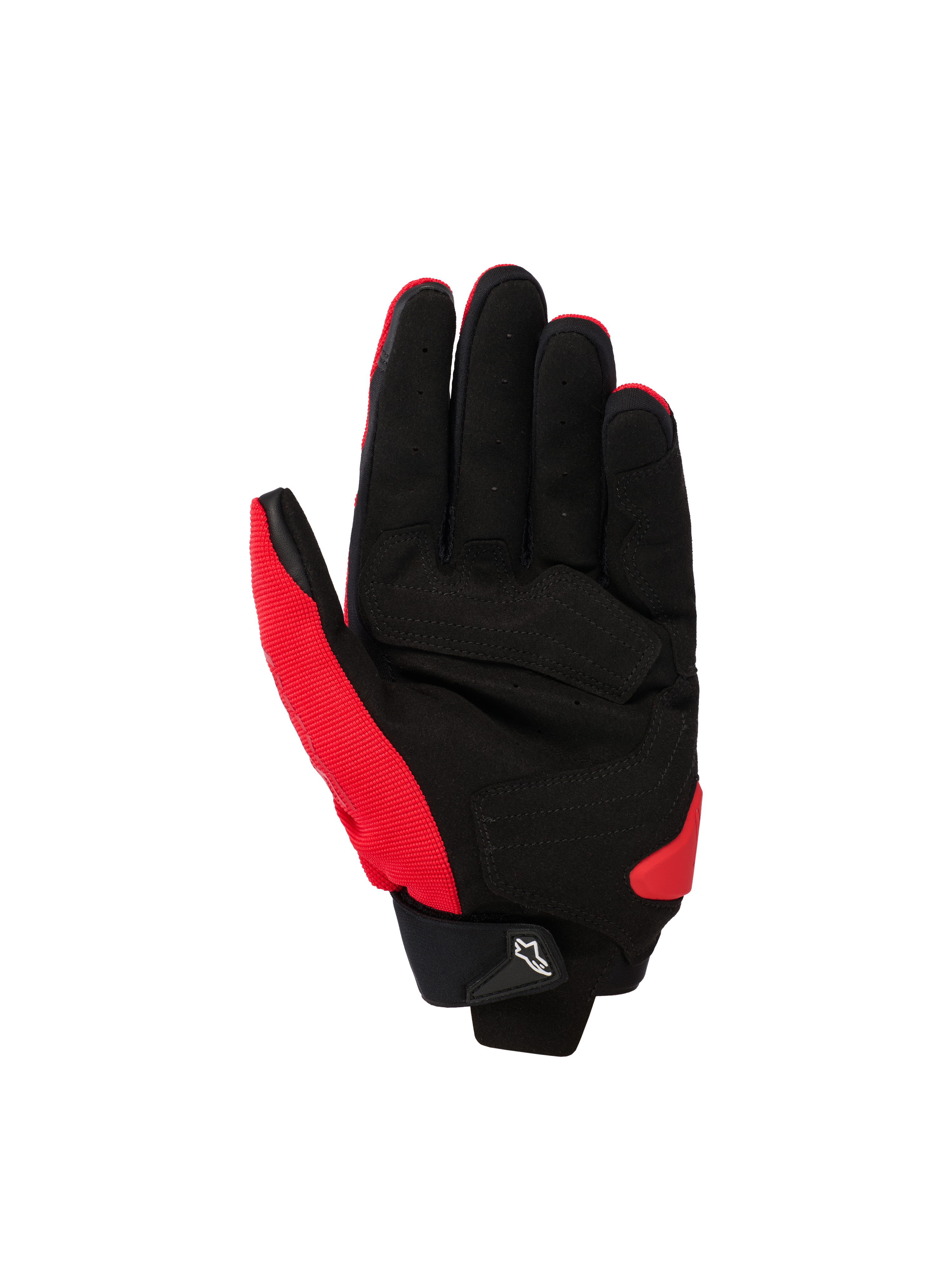 Alpinestars SP X 1 handschoenen, sport motorhandschoenen, helderrood en zwart, handpalmaanzicht met synthetisch lederen handpalm met verstevigde zones, rode stretchstof aan de zijkant en duim, zwarte manchet met klein wit Astars-logo op het treklipje en rode TPR palm slider