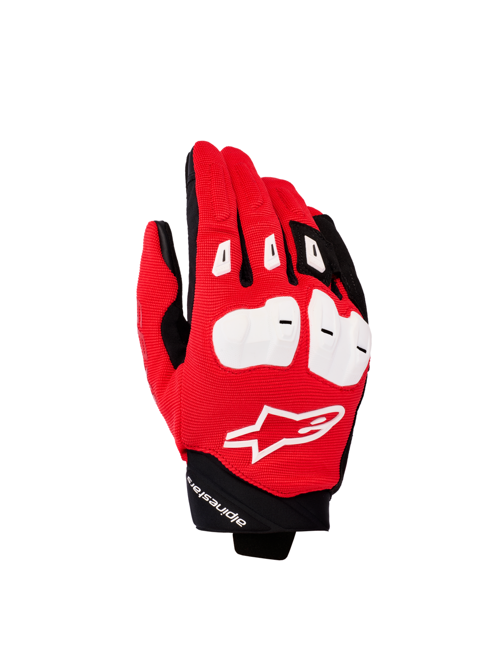 Alpinestars SP X 1 handschoenen, motorhandschoenen, felrood, zwart en wit, met witte TPR-knokkelbeschermers, rode handrug van gestructureerde stof met wit Astars-logo en korte zwarte manchet, hoogwaardige motoruitrusting