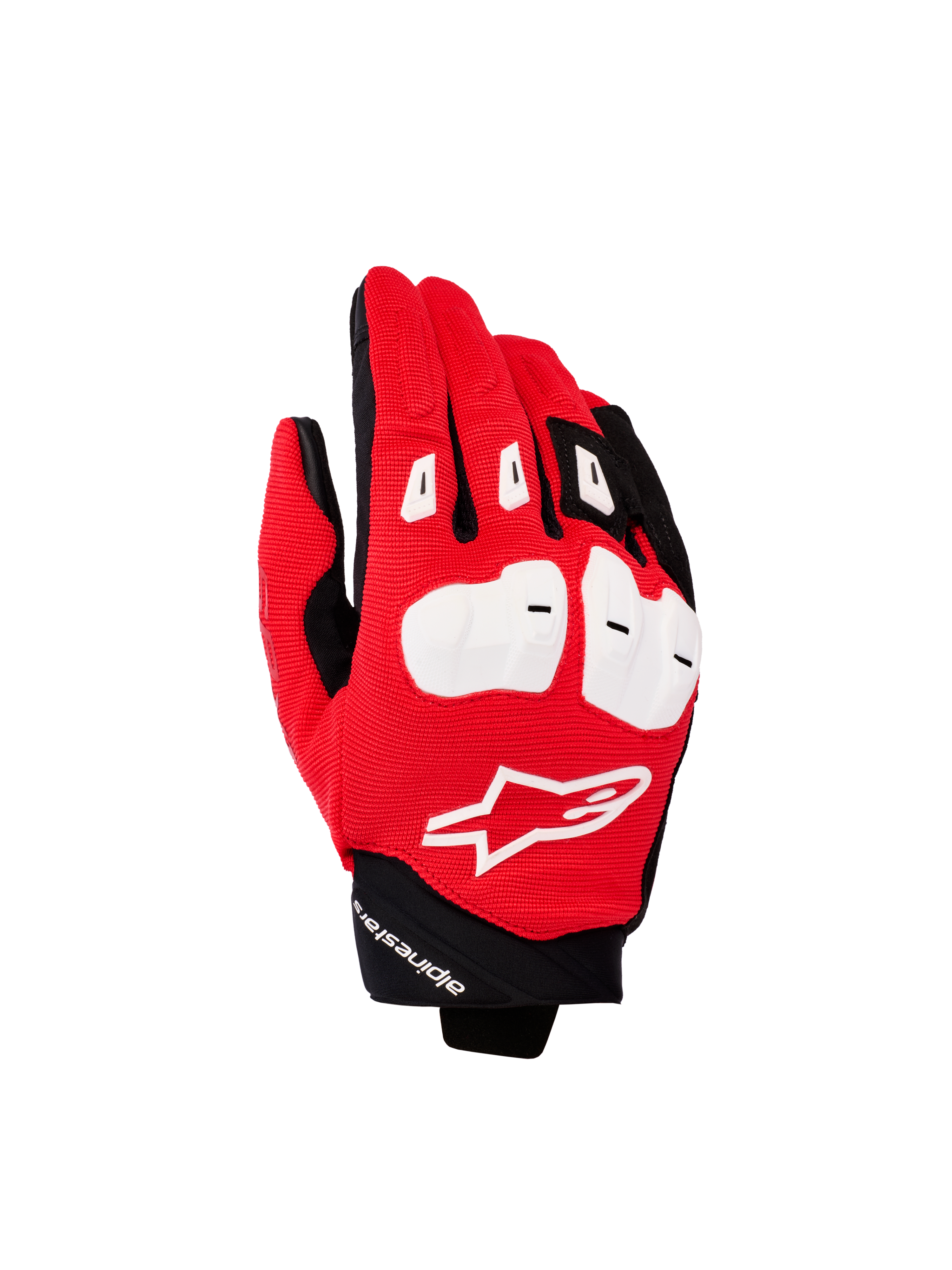 Alpinestars SP X 1 handschoenen, motorhandschoenen, felrood, zwart en wit, met witte TPR-knokkelbeschermers, rode handrug van gestructureerde stof met wit Astars-logo en korte zwarte manchet, hoogwaardige motoruitrusting