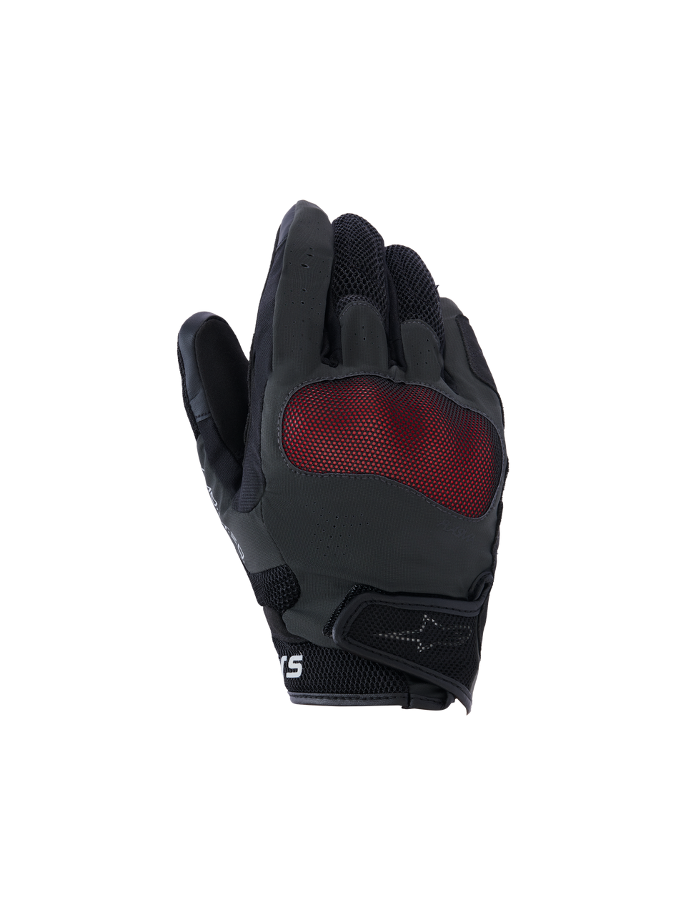 Alpinestars Mogress Airflow handschoenen, motorhandschoenen, zwart en rood, bovenzijde met rode mesh knokkelbescherming, 3D ademende mesh-panelen, kort manchet met klittenbandsluiting, urban rijstijl