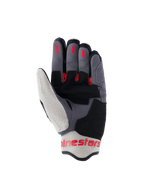 Alpinestars Mogress Airflow handschoenen, stedelijke motorhandschoenen, zwart, vlamrood en ecru, palmweergave met synthetische suède versterkingen, rode siliconen grip-inzetstukken op de vingers en ademende mesh-panelen op de duim en manchet.