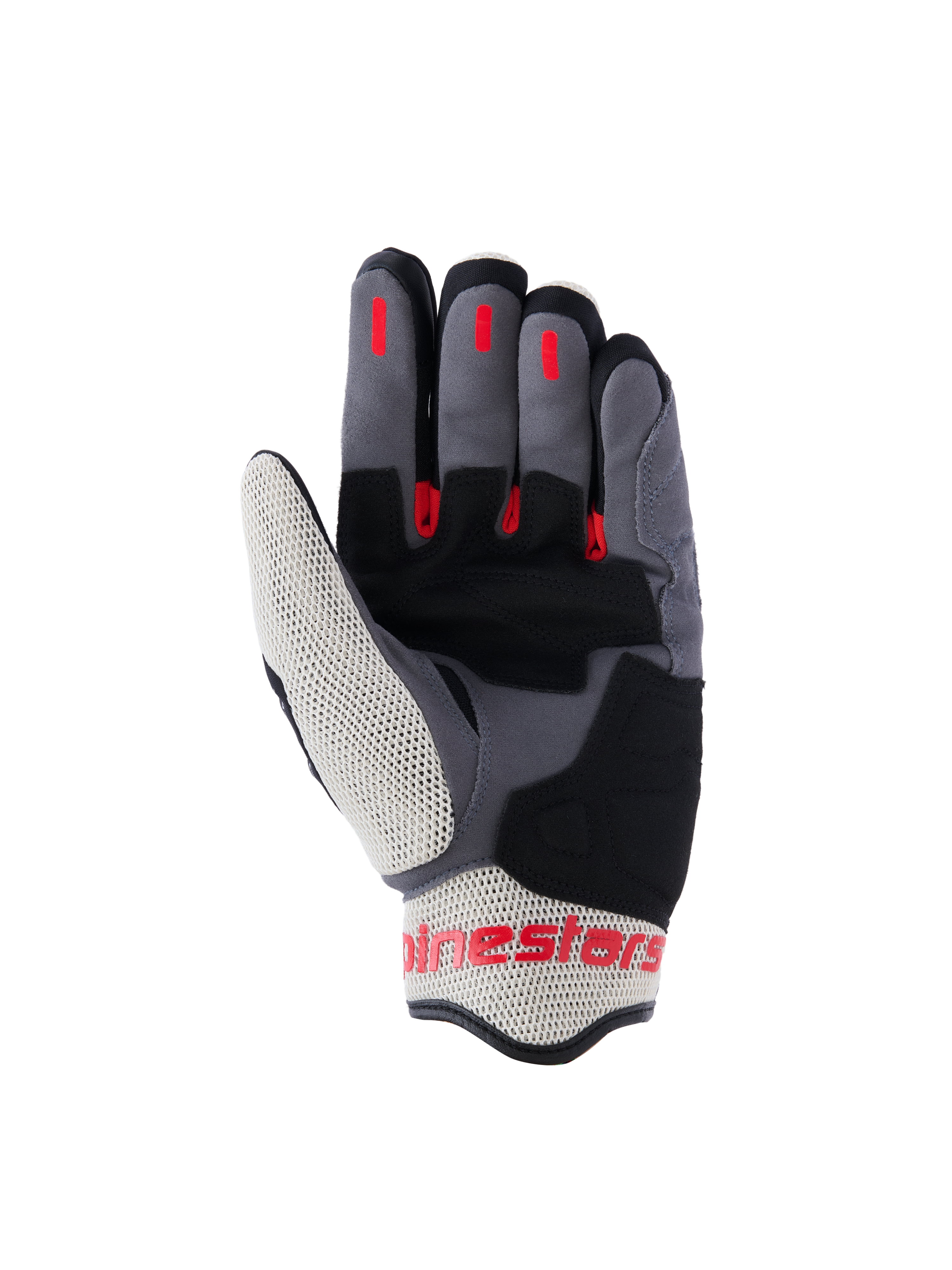 Alpinestars Mogress Airflow handschoenen, stedelijke motorhandschoenen, zwart, vlamrood en ecru, palmweergave met synthetische suède versterkingen, rode siliconen grip-inzetstukken op de vingers en ademende mesh-panelen op de duim en manchet.