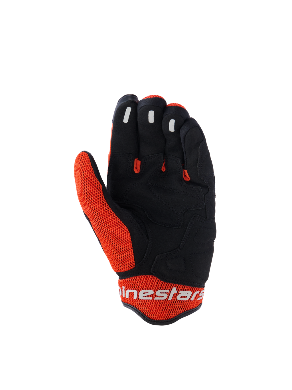 Alpinestars Mogress Airflow handschoenen, motorhandschoenen, zwart en oranje, handpalmweergave met zwarte synthetische constructie en oranje mesh-inzetstukken, siliconen grip op de vingertoppen, wit Alpinestars-logo op de manchet, stedelijk ontwerp voor zomerrijden