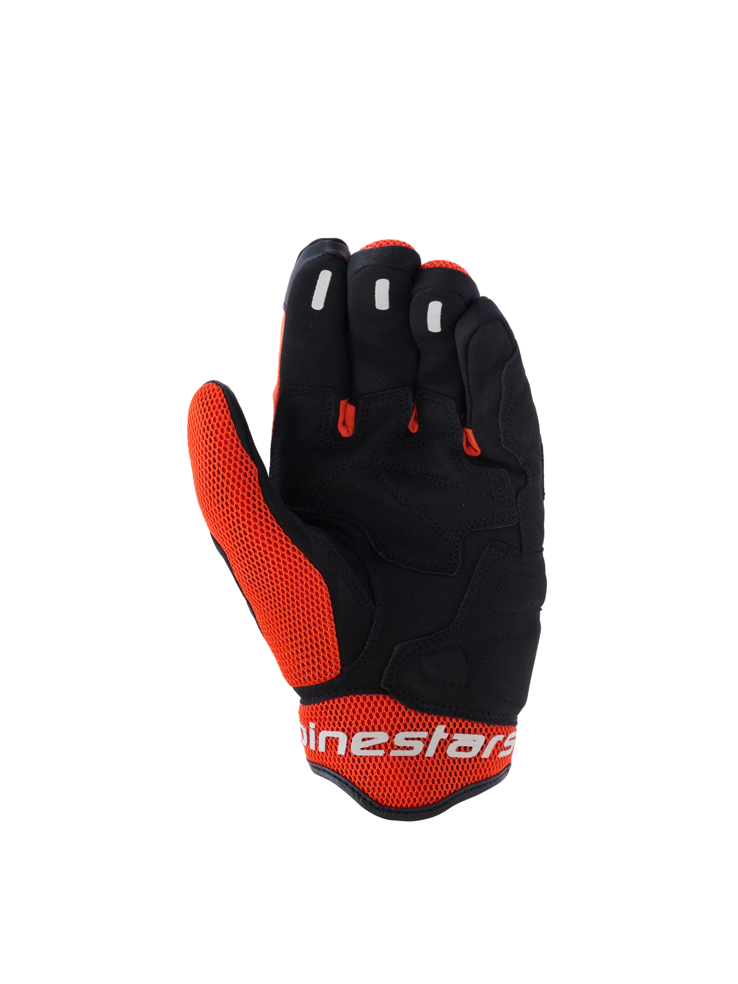 Alpinestars Mogress Airflow handschoenen, motorhandschoenen, zwart en oranje, handpalmweergave met zwarte synthetische constructie en oranje mesh-inzetstukken, siliconen grip op de vingertoppen, wit Alpinestars-logo op de manchet, stedelijk ontwerp voor zomerrijden