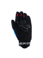 Alpinestars Mogress Airflow handschoenen, urban motorhandschoenen, Fading Blue Black, handpalmweergave met versterkt synthetisch leer en wit contraststiksel, rode siliconen grip-inzetstukken op de vingertoppen, zwarte 3D mesh manchet met wit logo.