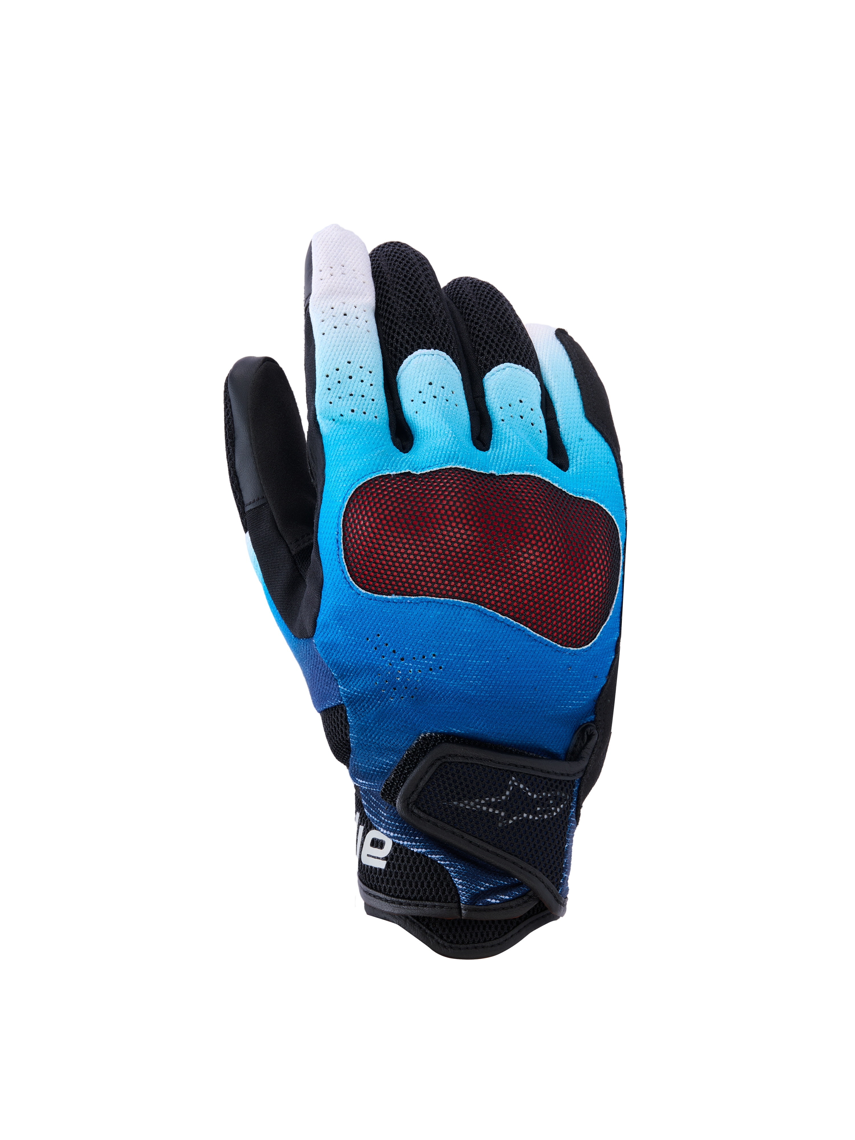 Alpinestars Mogress Airflow handschoenen, motorhandschoenen, kleurverloop van blauw naar zwart, met een rode transparante knokkelbeschermer, ademende geperforeerde handrug met 3D mesh-panelen, korte manchet met verstelbare band, urban design